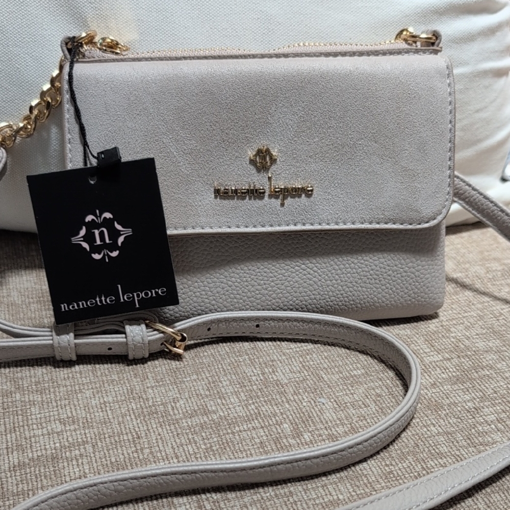 Nanette Lepore Beige Crossbody Bag with Gold Accents